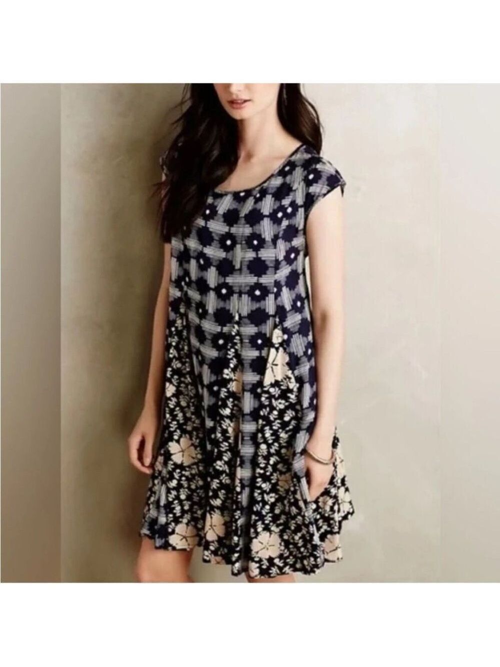 Anthropologie Maeve Indiga Corset Lace-Up Dress in Navy Blue - Size Small